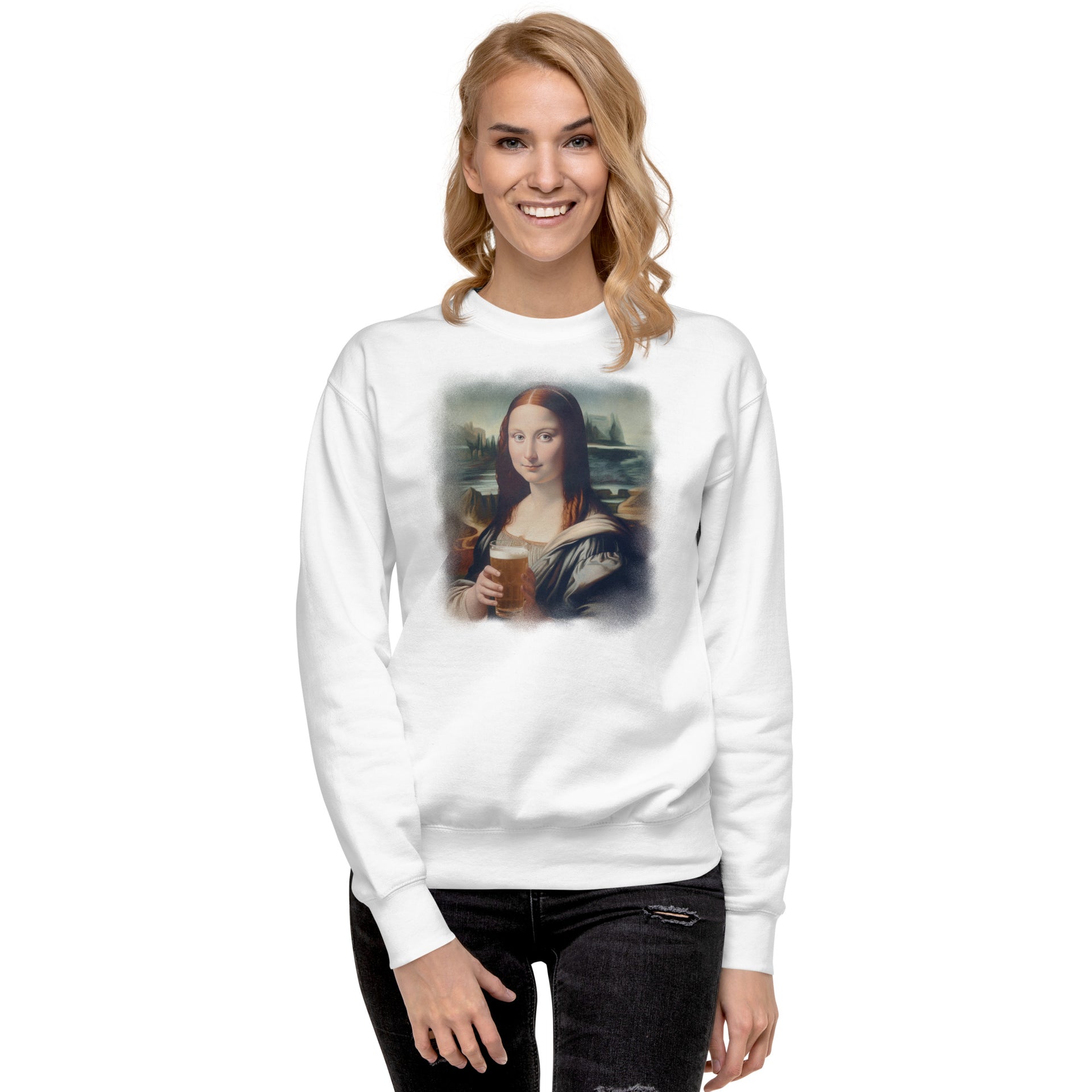Mona Lisa Drinking Beer Unisex Sweatshirt